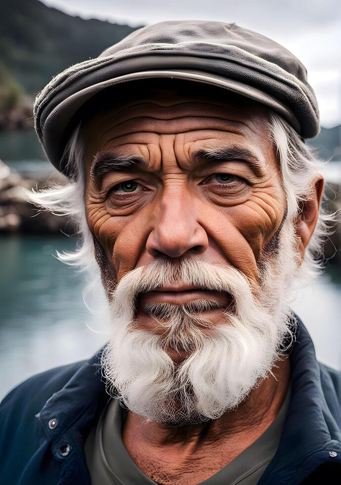 Weathered Fisherman Portrait - Rugged Features and Piercing Gaze photo