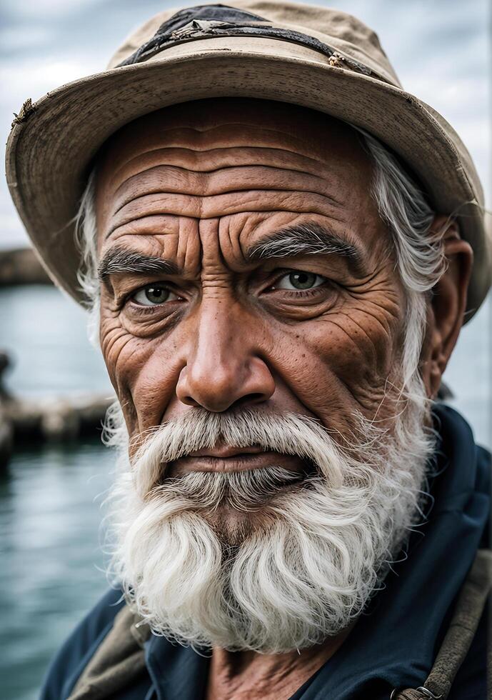 Angry old man portrait with beard and hat on his head photo