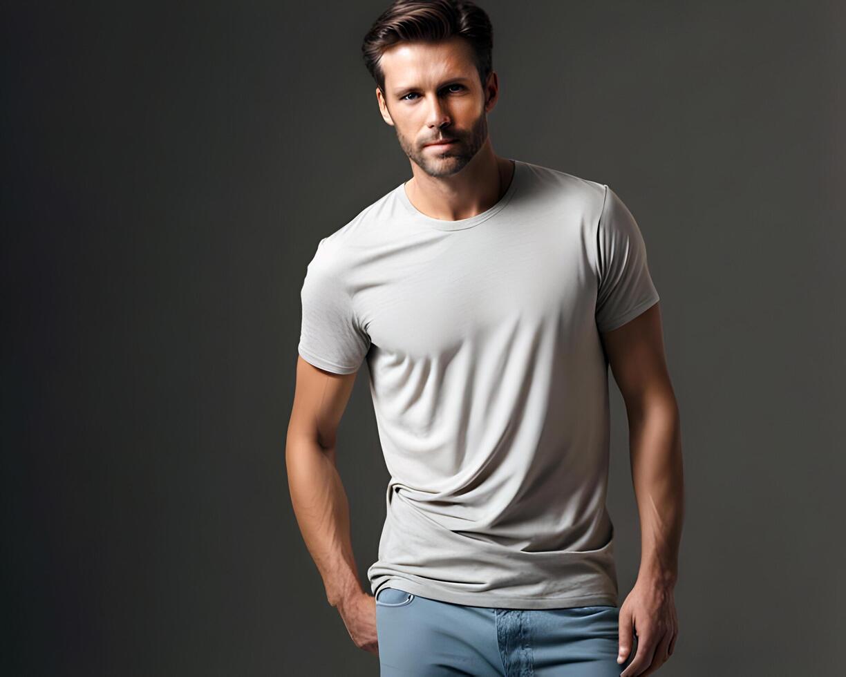 Male in Casual T-Shirt Mockup - Stylish Design Placement for Fashion photo