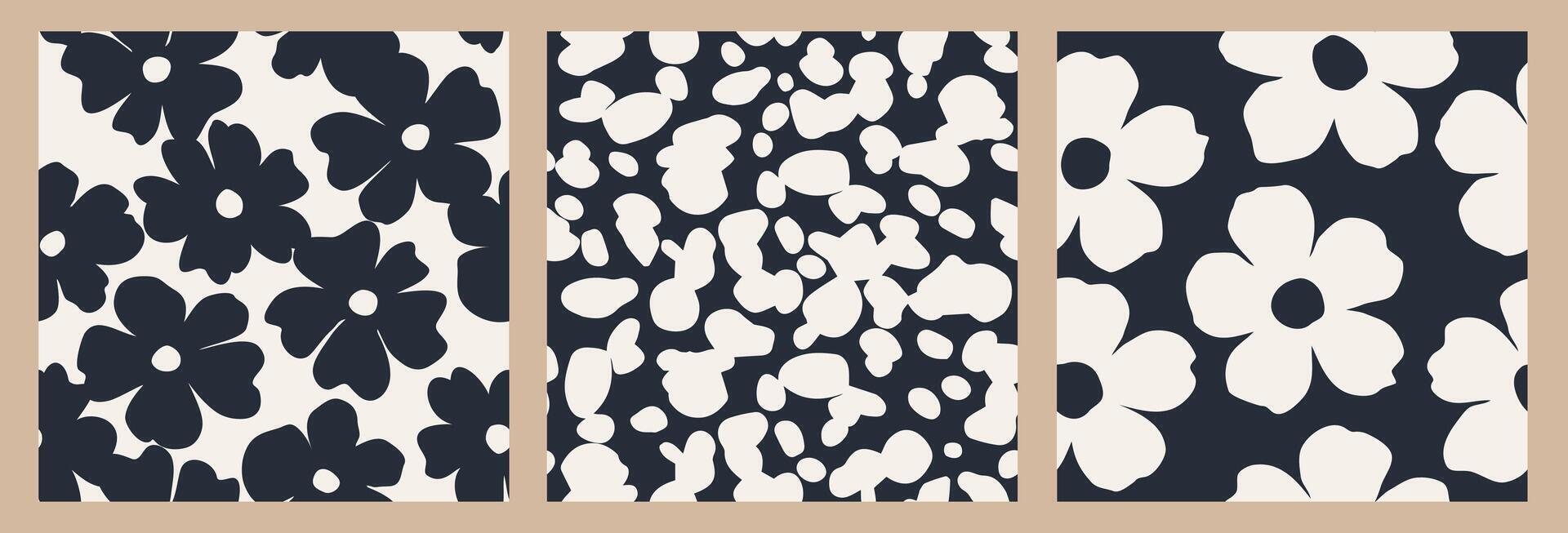 Set of abstract floral seamless patterns. Trendy hand drawn textures. Modern flat design for paper, cover, background, fabric and wall art. black and white flowers illustration. vector