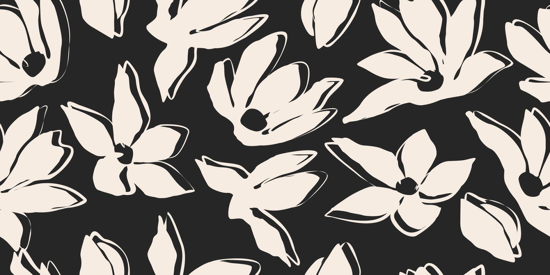 mano dibujado mínimo resumen flores sin costura patrones con orgánico formas negro y blanco color para tela, textiles, ropa, fondo de pantalla, cubrir, bandera, hogar decoración, florales antecedentes. vector