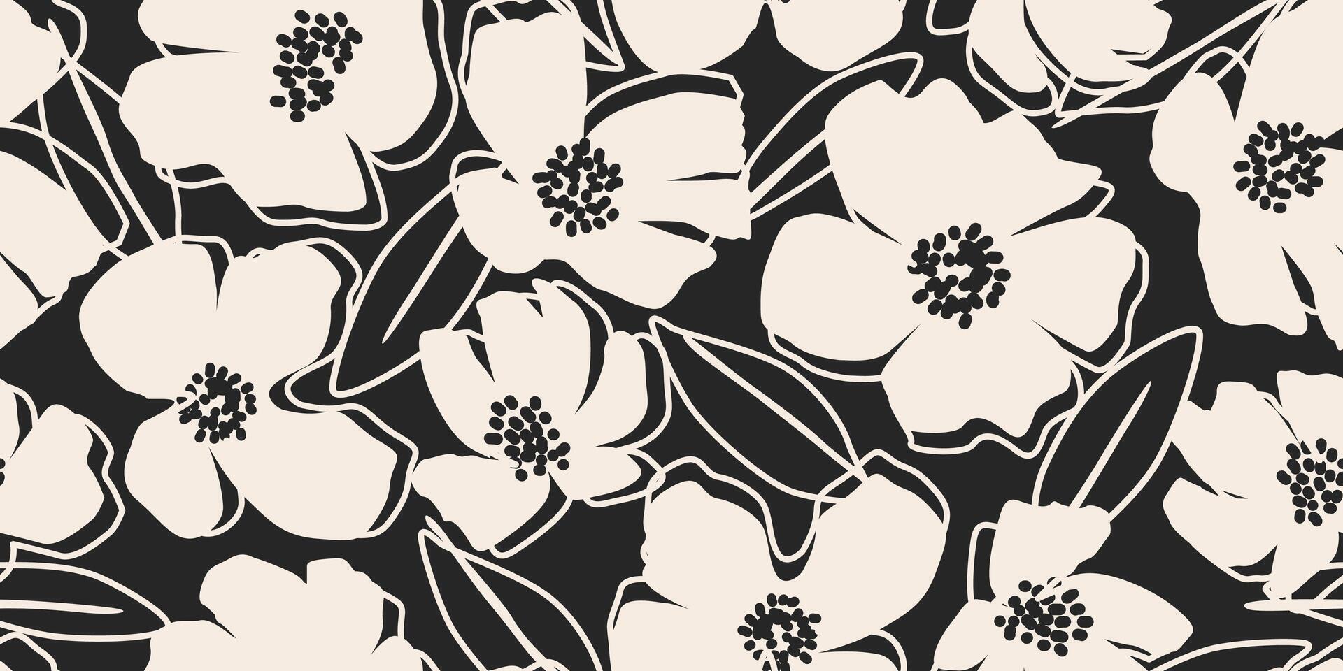 mano dibujado mínimo resumen flores sin costura patrones con orgánico formas negro y blanco color para tela, textiles, ropa, fondo de pantalla, cubrir, bandera, hogar decoración, florales antecedentes. vector