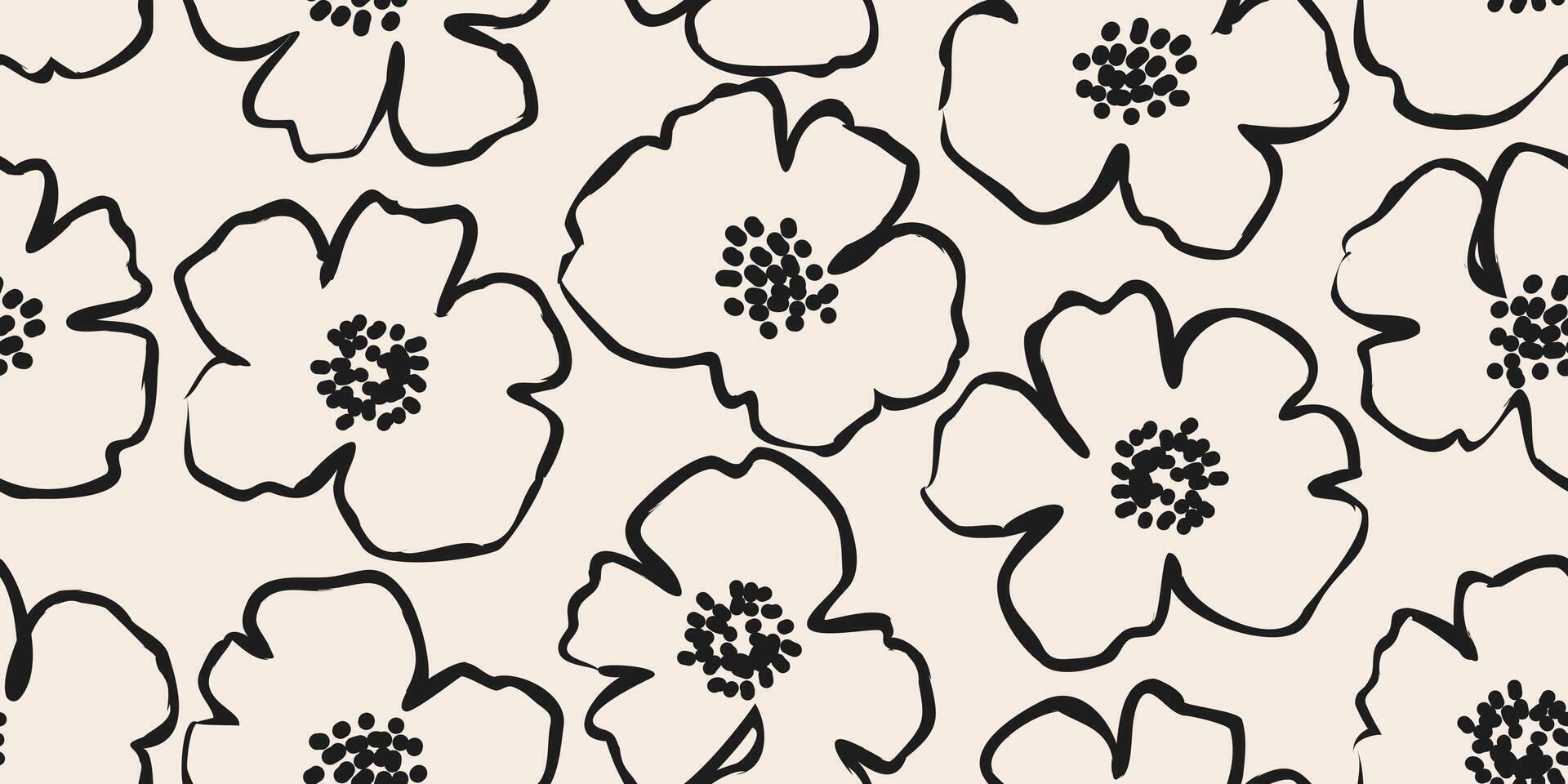 Hand drawn minimal abstract flowers. Seamless patterns with organic shapes black and white color for fabric, textiles, clothing, wallpaper, cover, banner, home decor, florals backgrounds. vector