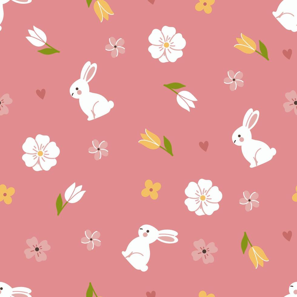 Simple spring seamless pattern with bunnies and flowers. graphics vector