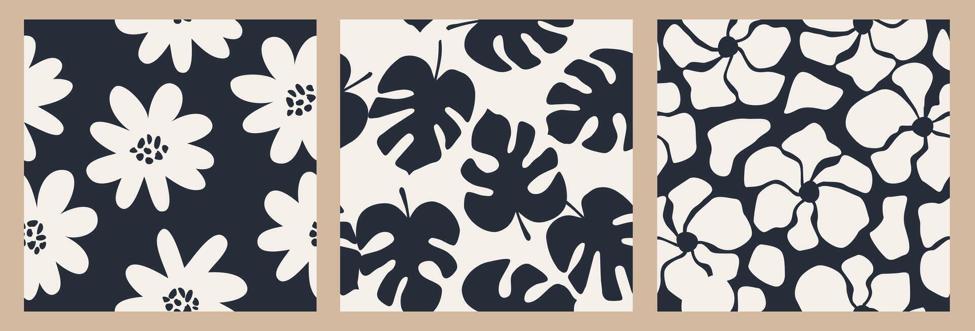 Set of abstract floral seamless patterns. Trendy hand drawn textures. Modern flat design for paper, cover, background, fabric and wall art. black and white flowers illustration. vector