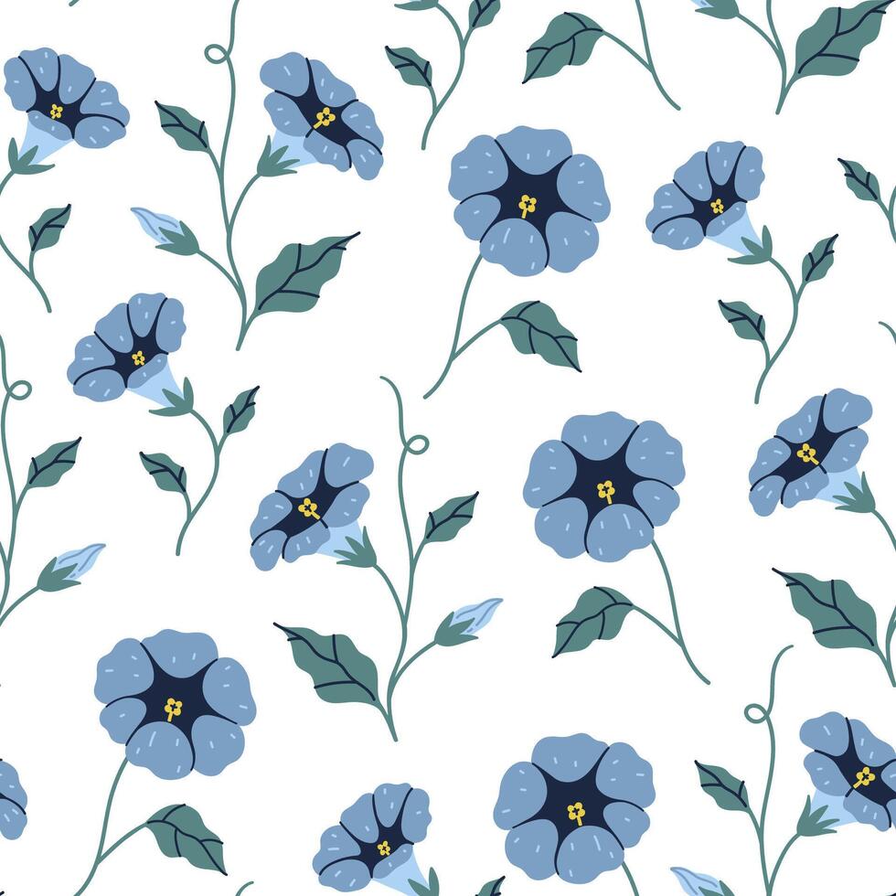 Seamless pattern with blue bindweed flowers on a white background. graphics. vector