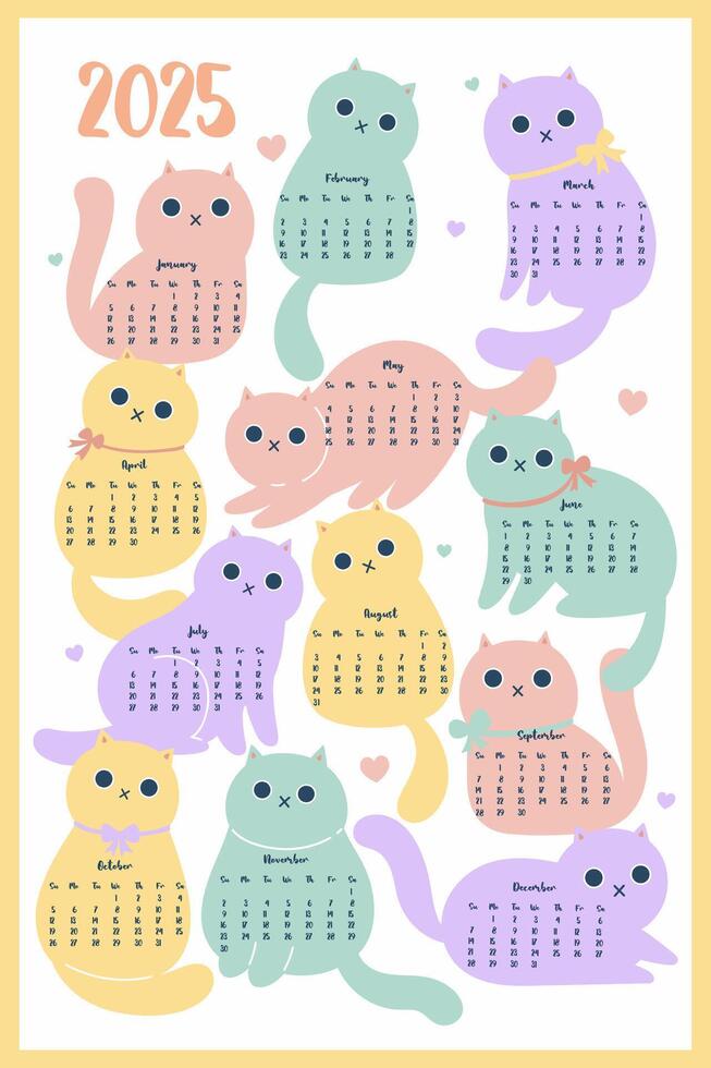 One page 2025 calendar with cute cats. graphics vector