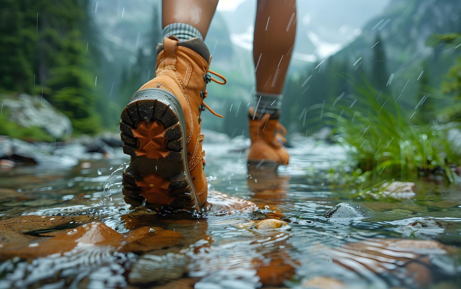 Hiking hiker traveler landscape adventure nature outdoors sport background panorama - Close up of feets with hiking shoes from a man or woman walking in the river photo