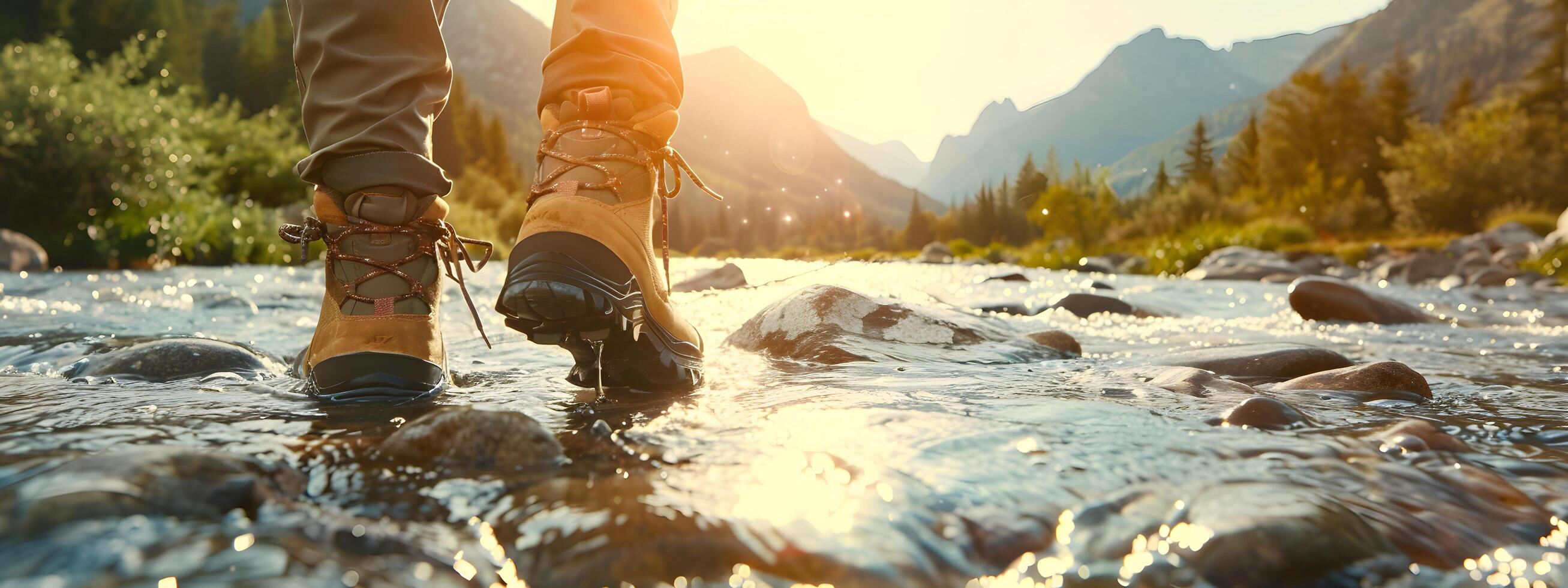 Hiking hiker traveler landscape adventure nature outdoors sport background panorama - Close up of feets with hiking shoes from a man or woman walking in the river photo