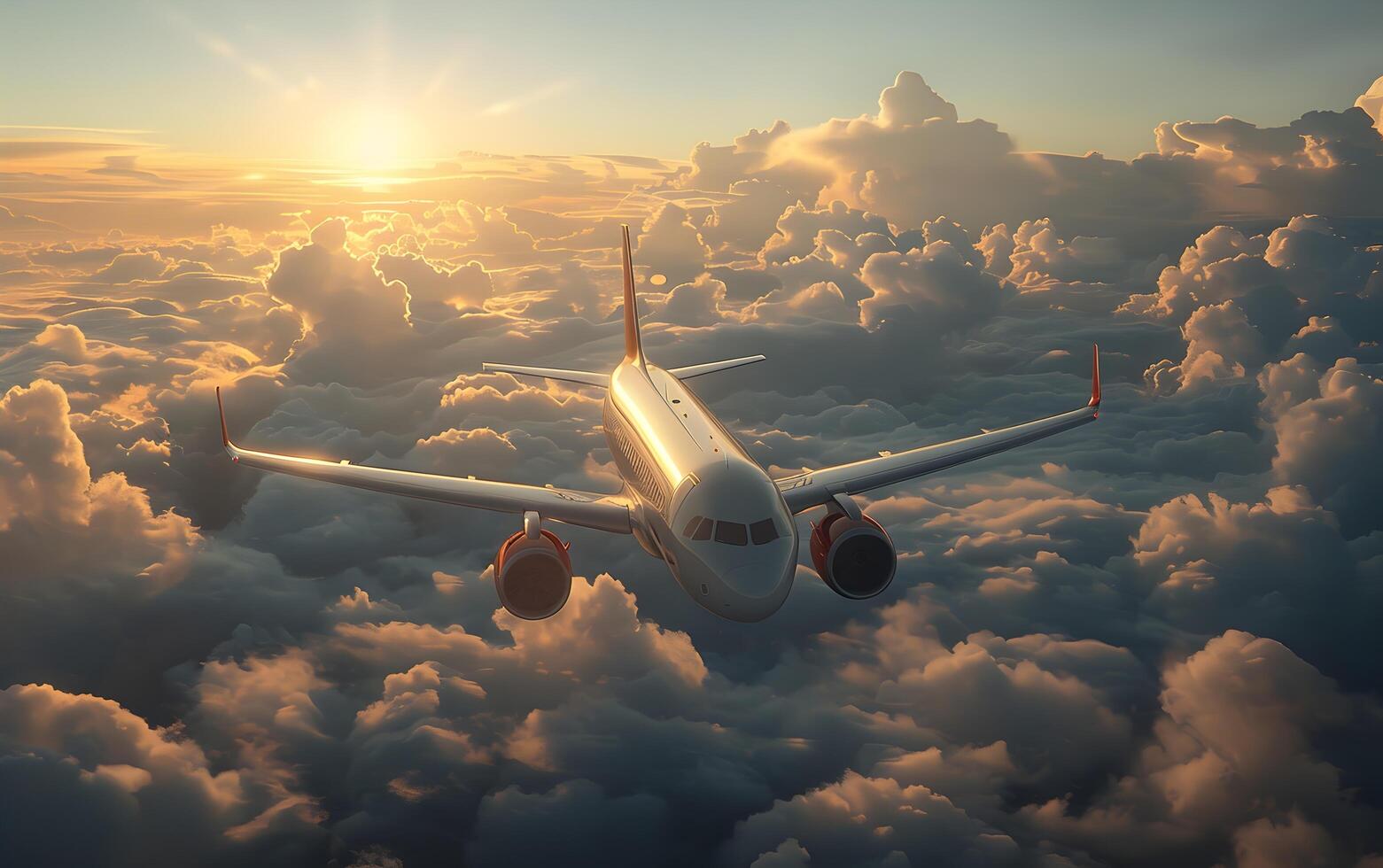 Commercial airplane taking off into colorful sky at sunset. Landscape with white passenger aircraft, purple sky with pink clouds. Travelling by plane photo