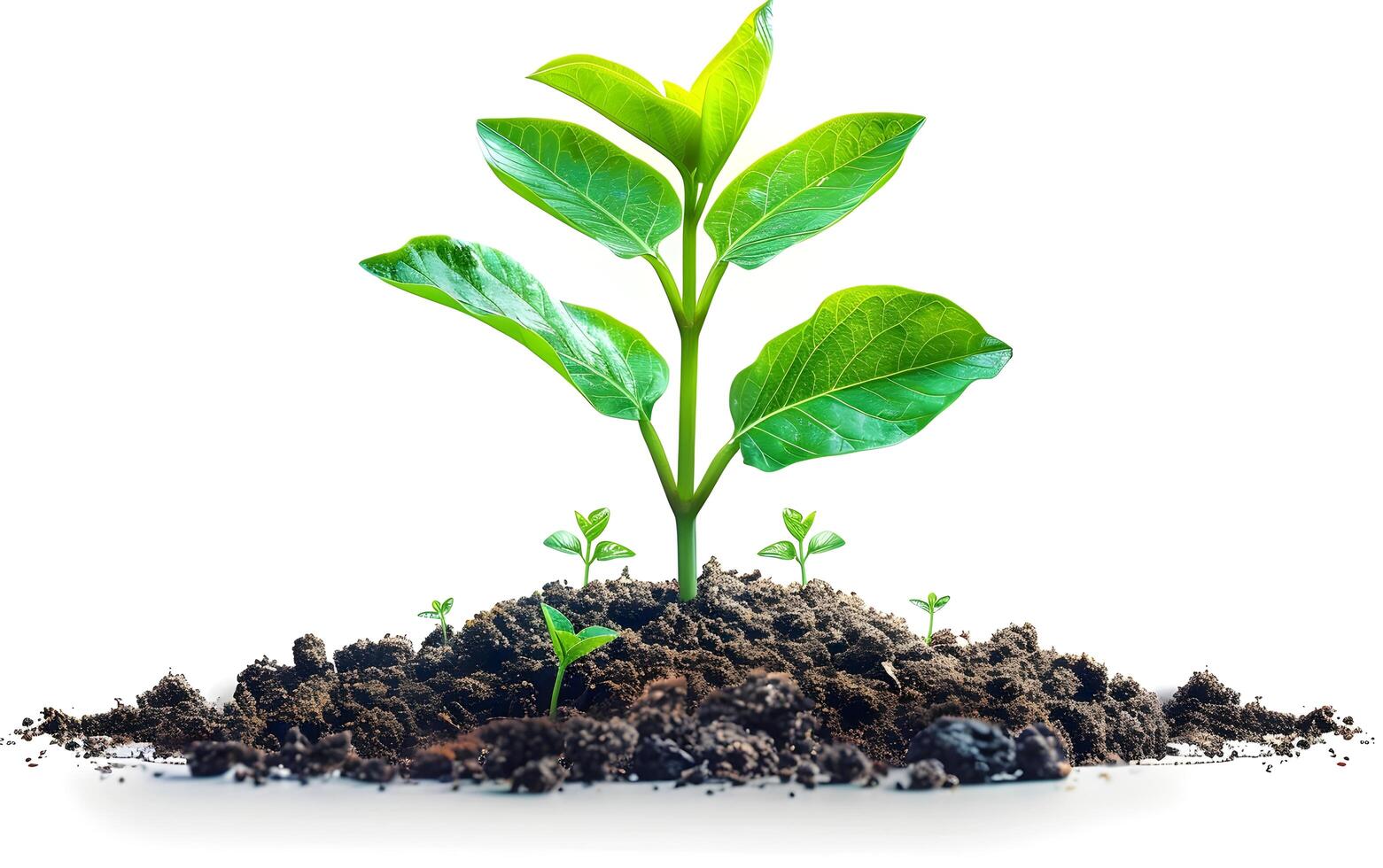 Closeup of growing little green sprout appearing from the ground soil photo