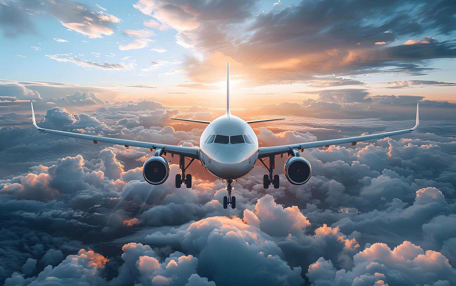 Commercial airplane taking off into colorful sky at sunset. Landscape with white passenger aircraft, purple sky with pink clouds. Travelling by plane photo