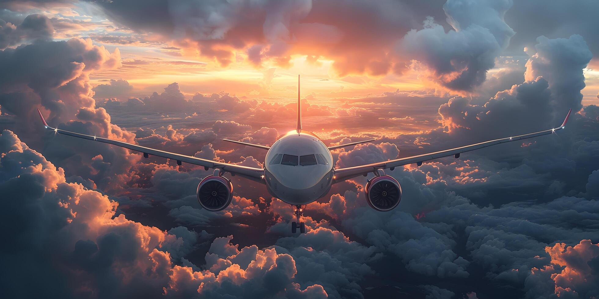 Commercial airplane taking off into colorful sky at sunset. Landscape with white passenger aircraft, purple sky with pink clouds. Travelling by plane photo