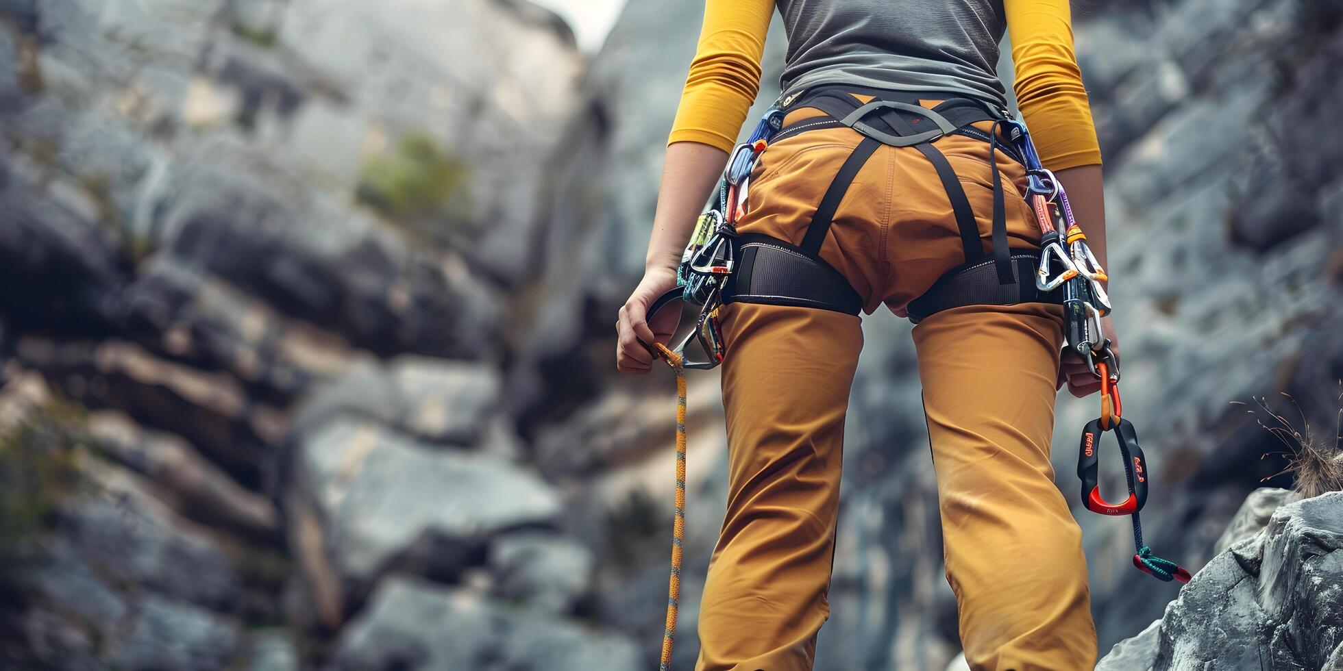 Close up of a sporty slim pretty woman with climbing harness, rope and carabiner for security, climbing on a rock in the mountains photo