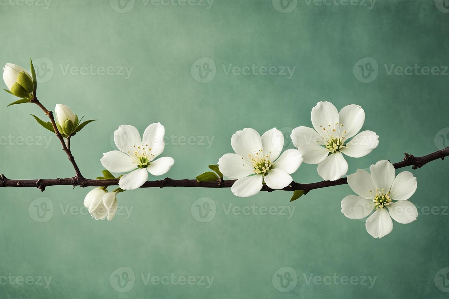 A tree branch with white flowers on a green background photo