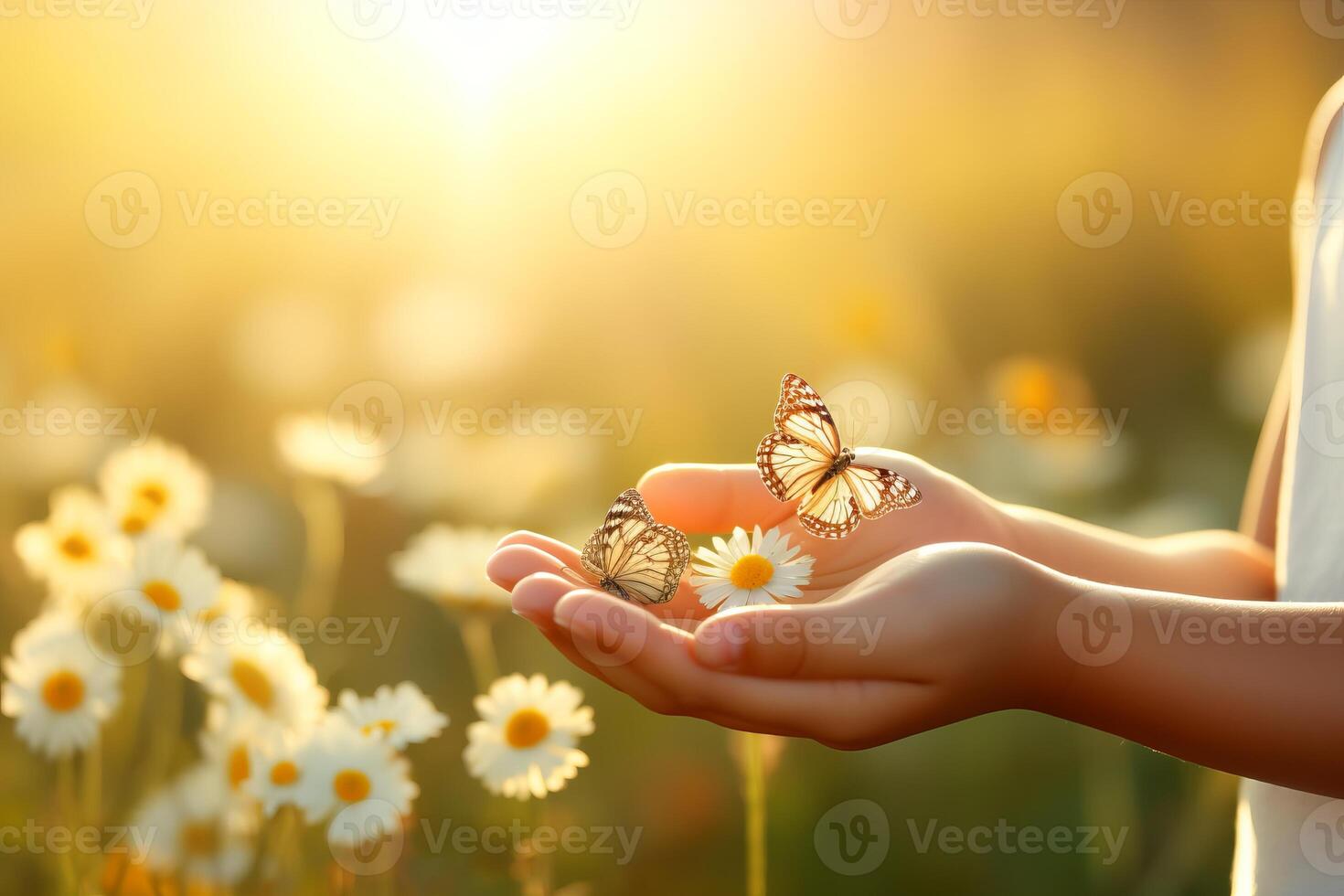 persona participación dos mariposas en margarita campo, rodeado por flores y césped foto
