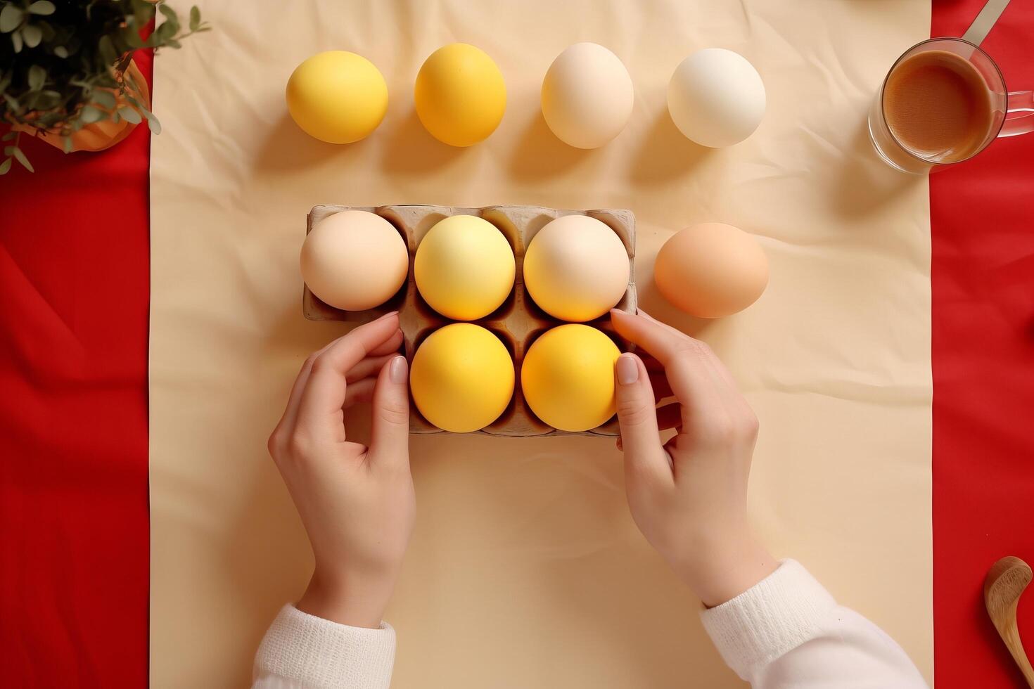 Persons hand holds a carton of eggs on table for cooking event photo