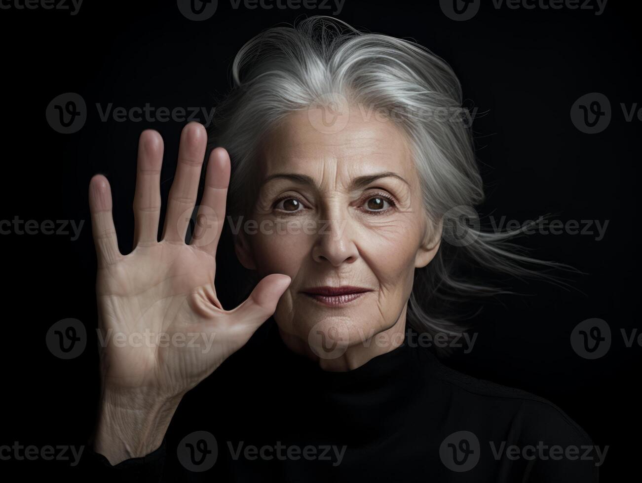 A woman with gray hair holds her hand straight in protest photo