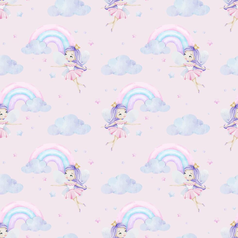 Little fairy with crown, rainbow, clouds and stars. Children's background. Watercolor baby seamless pattern for design kid's goods, postcards, baby shower and children's room vector