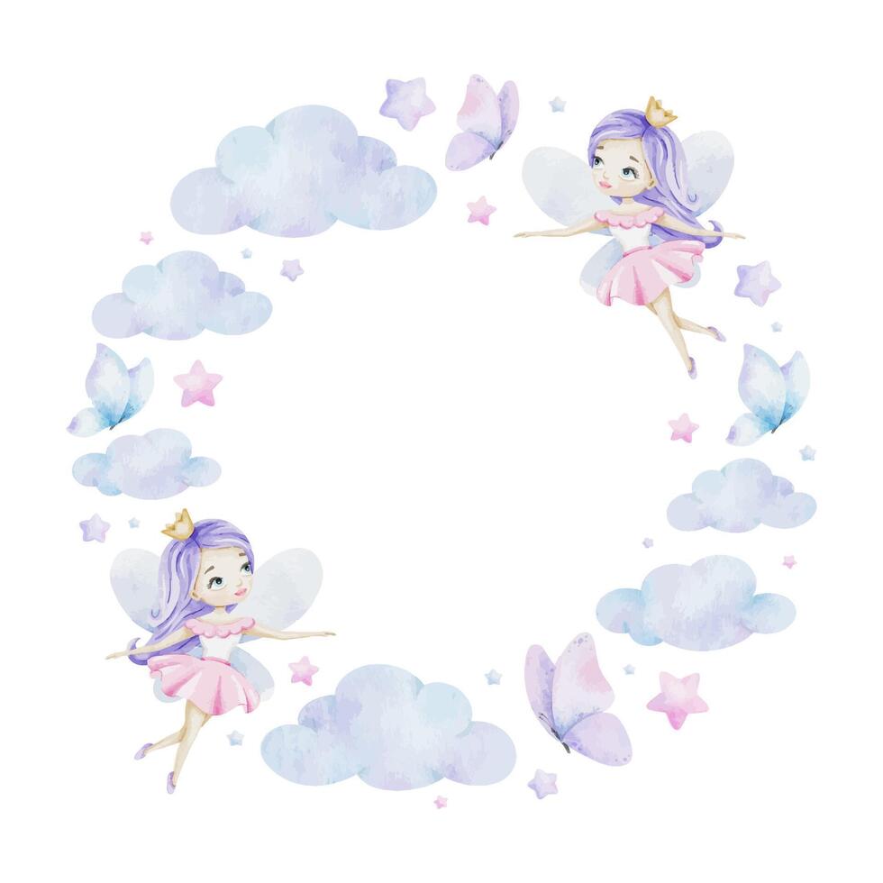 Cute little fairy with magic wand, stars, butterflies, clouds. Isolated Watercolor round frame. Children's background for kid's goods, postcards, baby shower and children's room vector