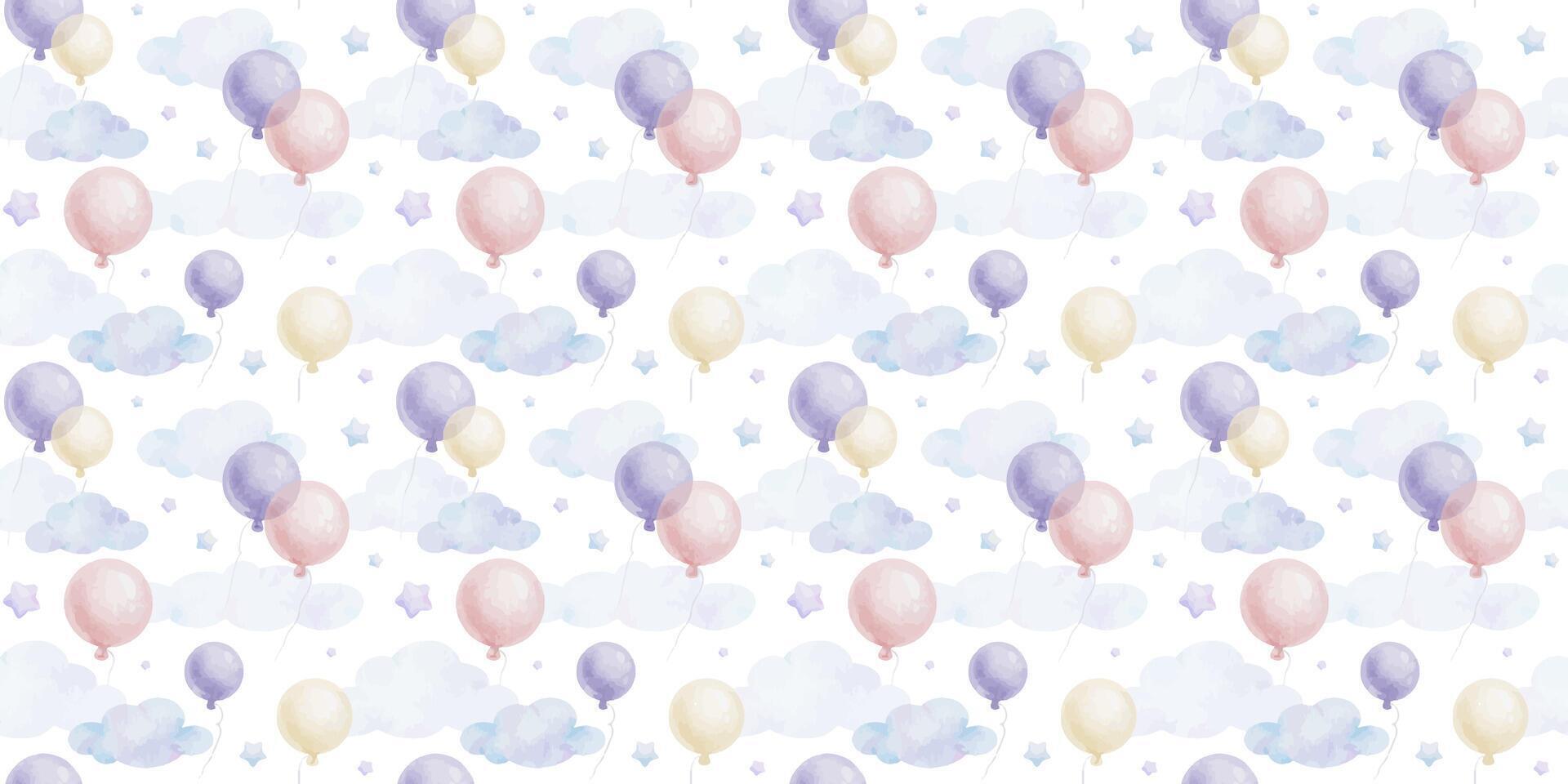 Flying round pink, purple balloons, stars, clouds. Cute baby's background. Watercolor seamless pattern of pastel color for children's good, baby's room design, invitation, kid's textile, clothing. vector