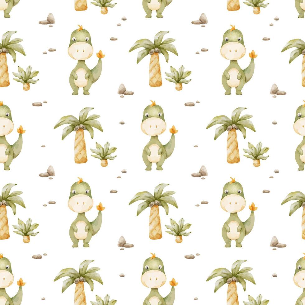 Cute green dinosaurs and Palm trees. Childish background of tyrannosaurus rex. Print with dino. Watercolor seamless pattern for design kid's goods cards, postcards, fabric, scrapbook, office supplies vector