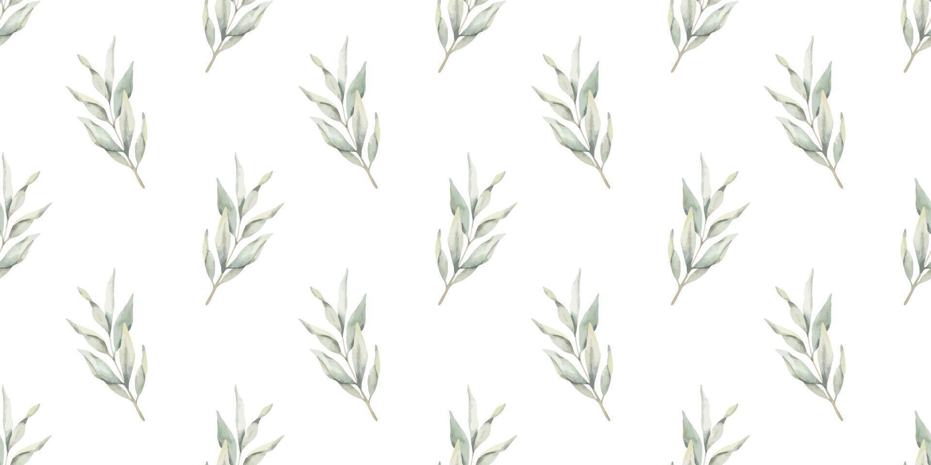 Green branches with leaves. Hand drawn watercolor seamless pattern of Twigs. Summer floral background for wedding design, textiles, wrapping paper, scrapbooking vector