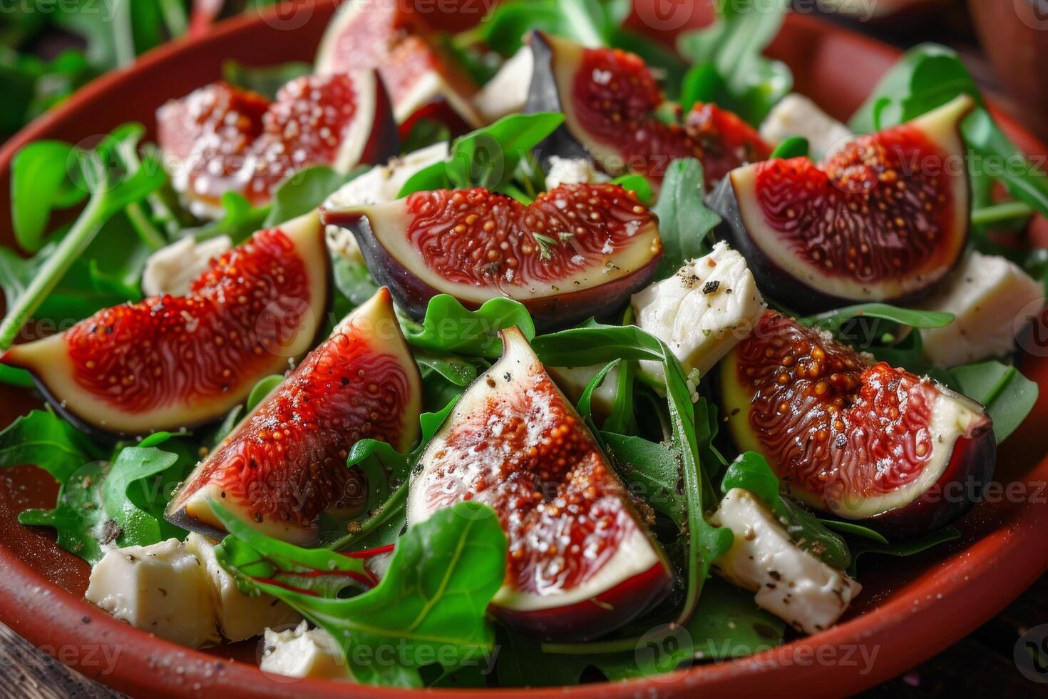 Fresh salad of figs, arugula, cheese and olive oil on a plate photo