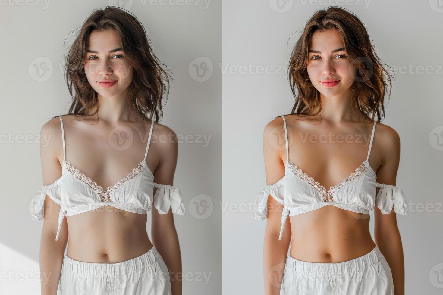 Two identical photos of a girl in a white nightie with different color saturations.
