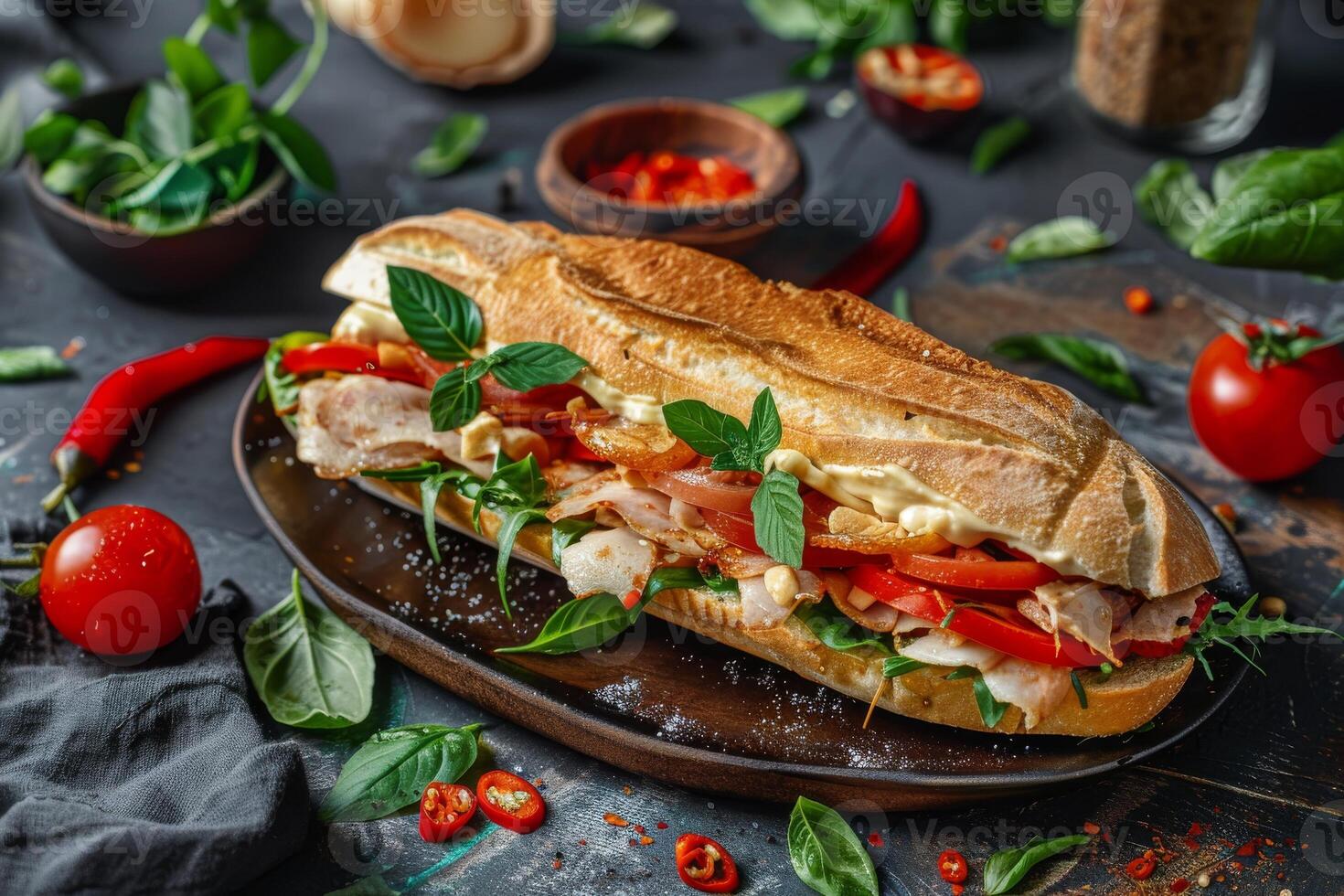 Sandwich with chicken, cheese, tomatoes and basil on a black plate and black background next to the ingredients photo