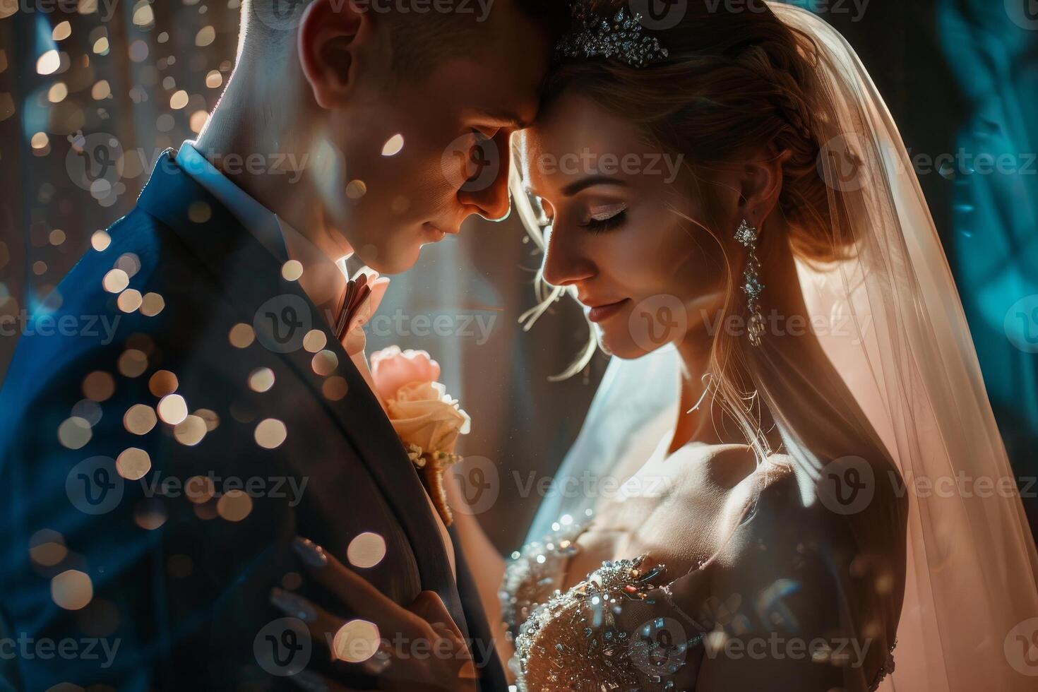 Wedding of a man and a woman. They hug and pose for a photo. Warm colors, bright reflections of light on a dark background. Mysterious atmosphere photo