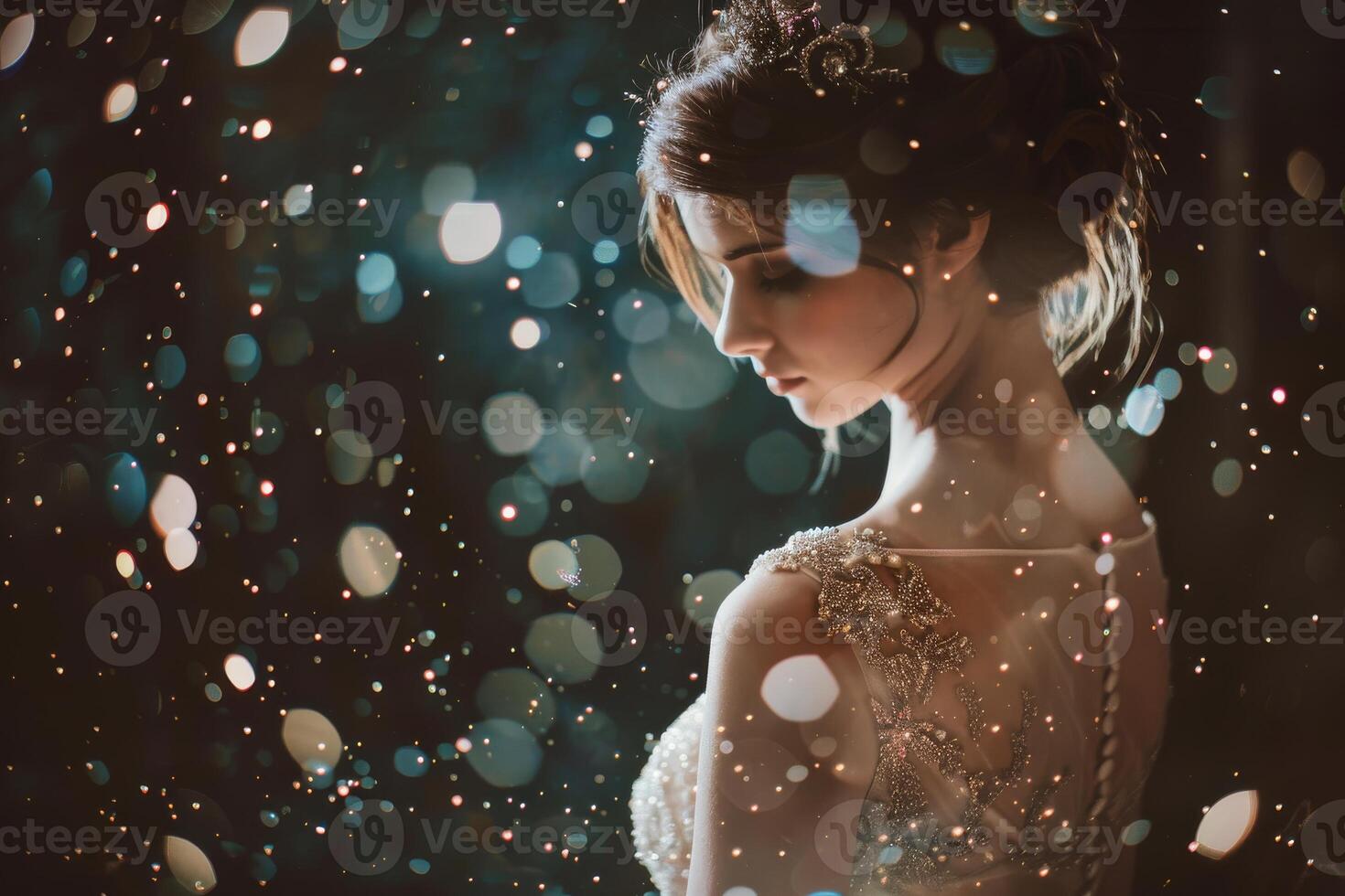 Beautiful brunette bride girl in a wedding dress with sequins. Mysterious atmosphere photo