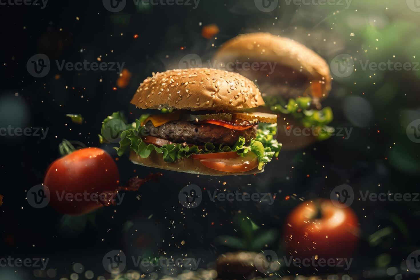 Two small meat burger levitating on black background with tomato photo