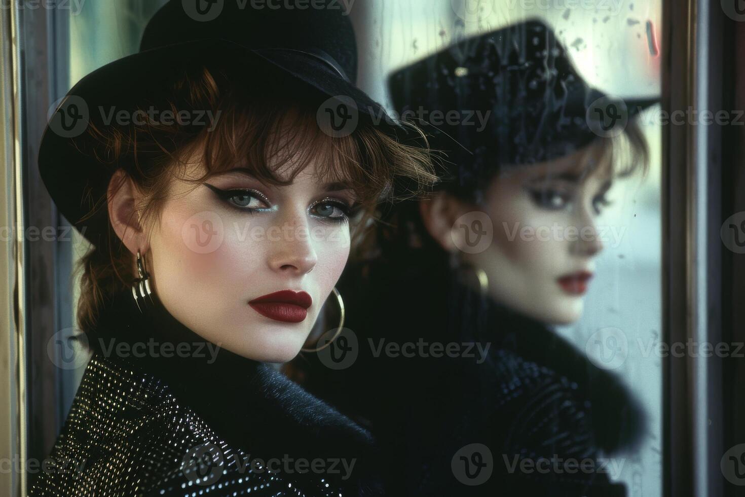 An elegant woman in a hat in black clothes, red lipstick on her lips, looks mysteriously at the camera photo