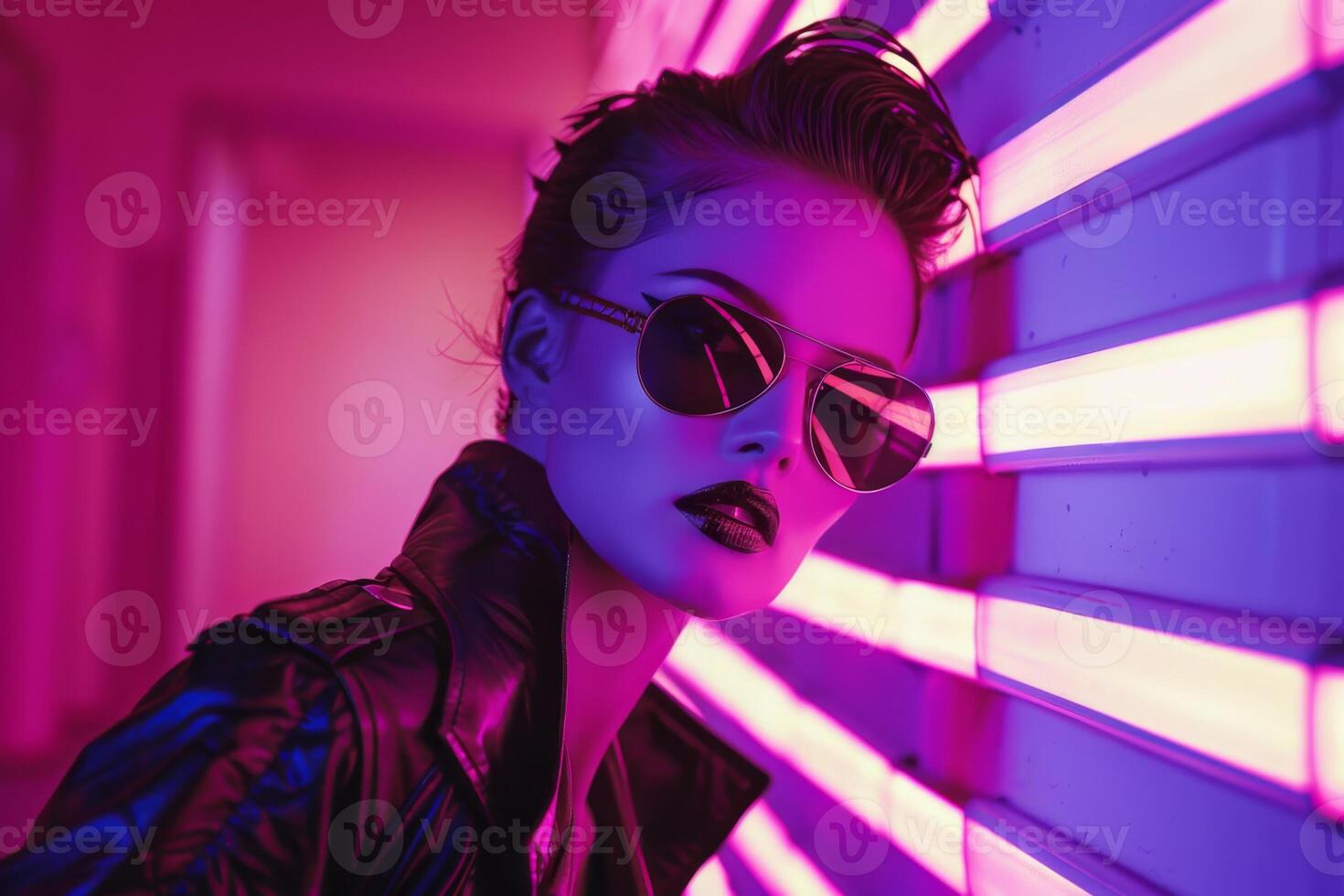 A woman in a black leather jacket and sunglasses poses for a photo with creative neon pink lighting. Fashion industry 80s style