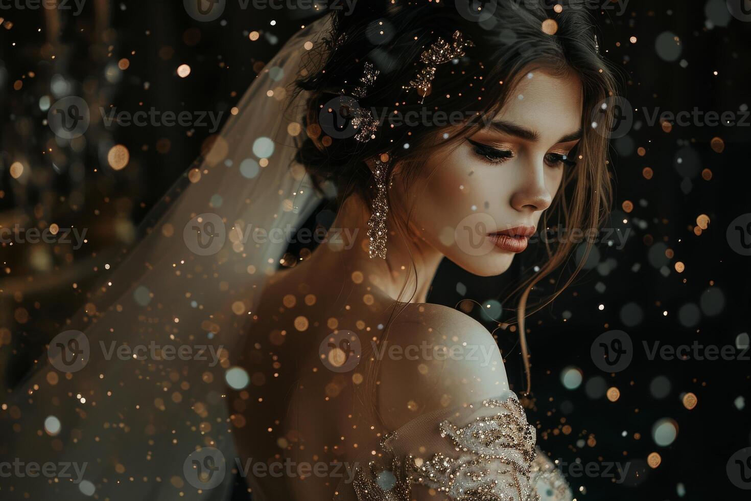 Beautiful brunette bride girl in a wedding dress with sequins. Mysterious atmosphere photo