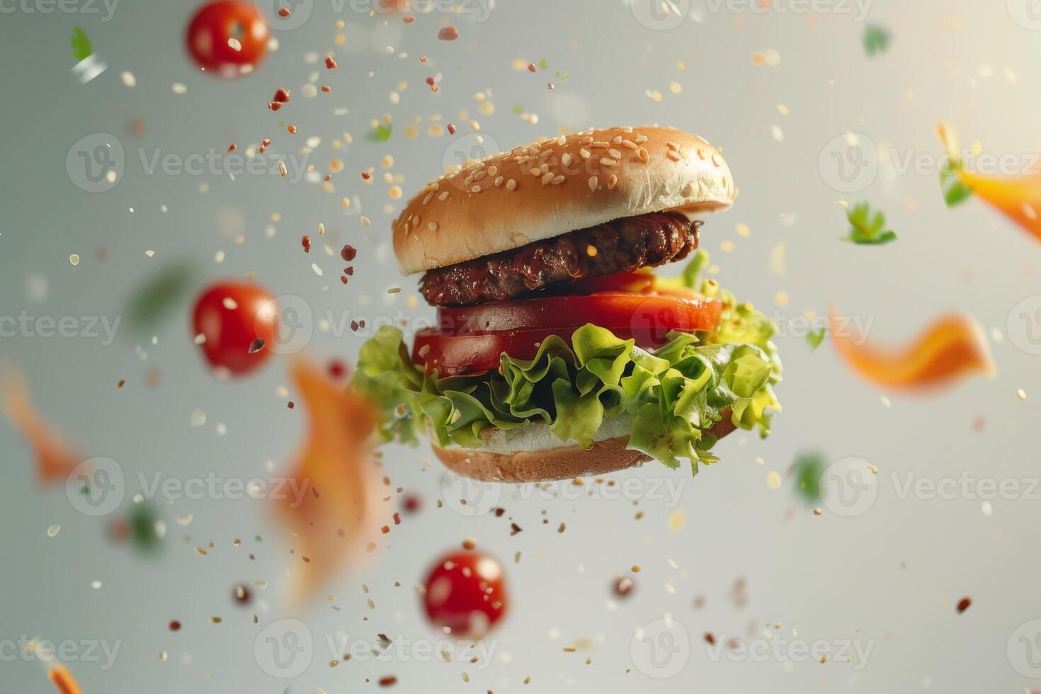 Cheeseburger flying on a gray background with flying ingredients photo