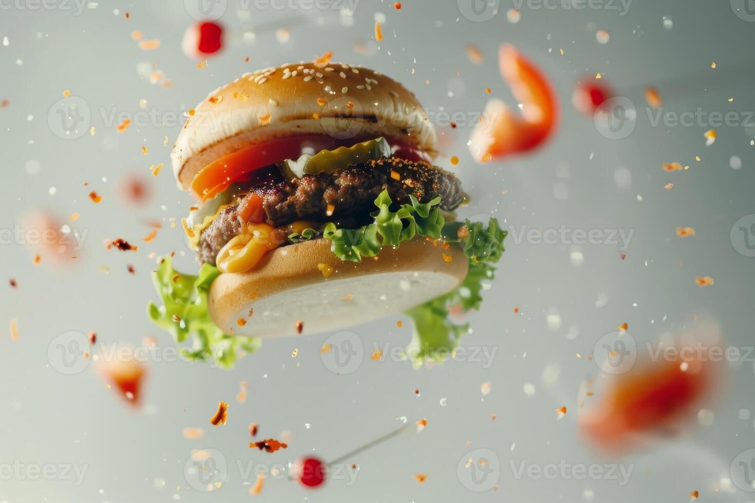 Cheeseburger flying on a gray background with flying ingredients photo