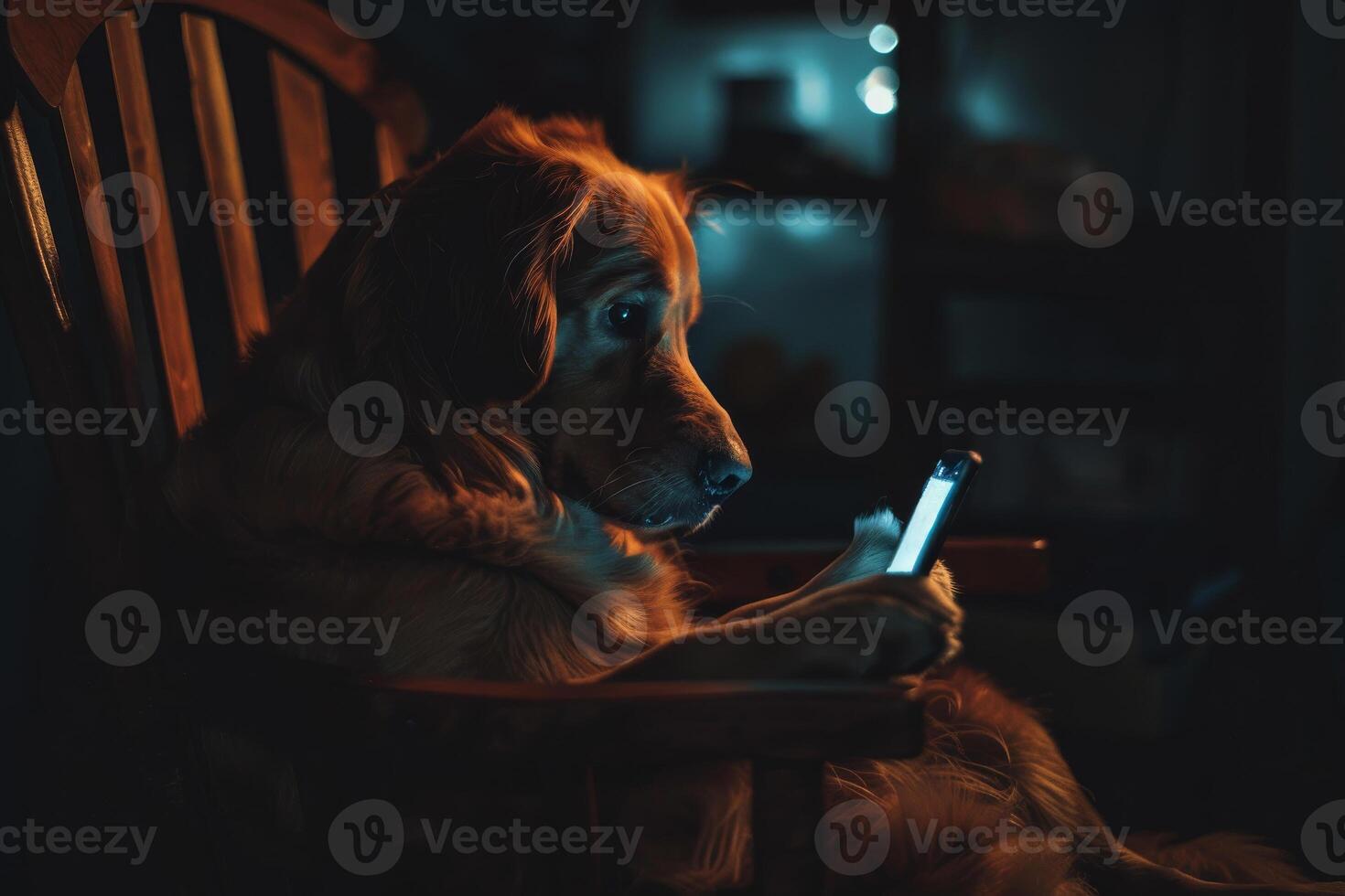 A golden retriever sits on a chair and looks at the phone. Reads the news, watches social networks in a dark room photo