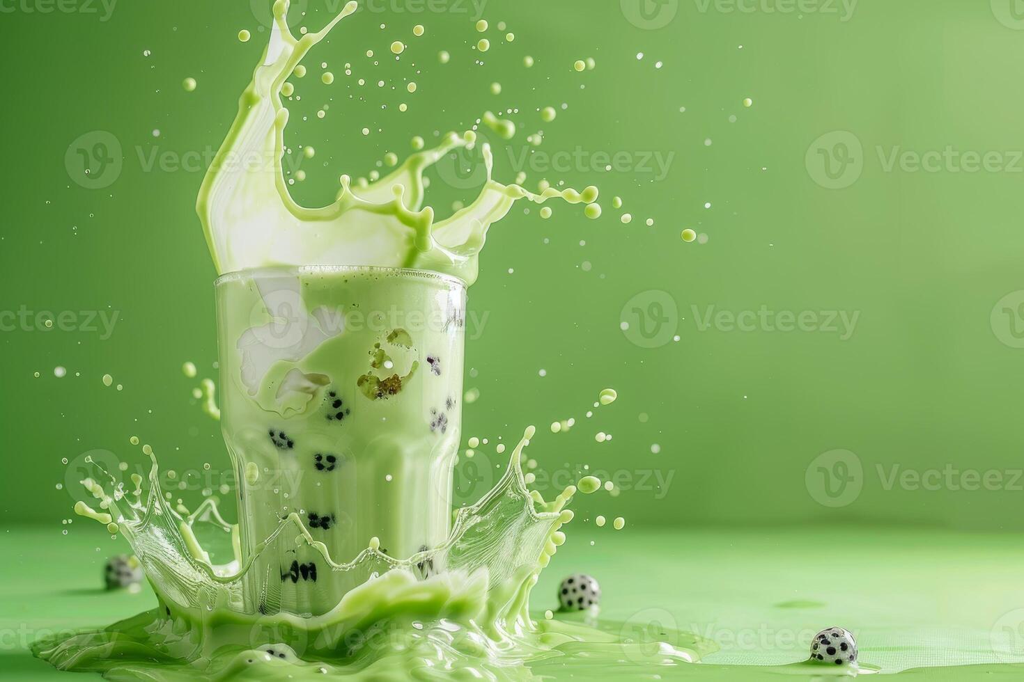 Cup of tasty matcha green bubble tea on green background splash photo