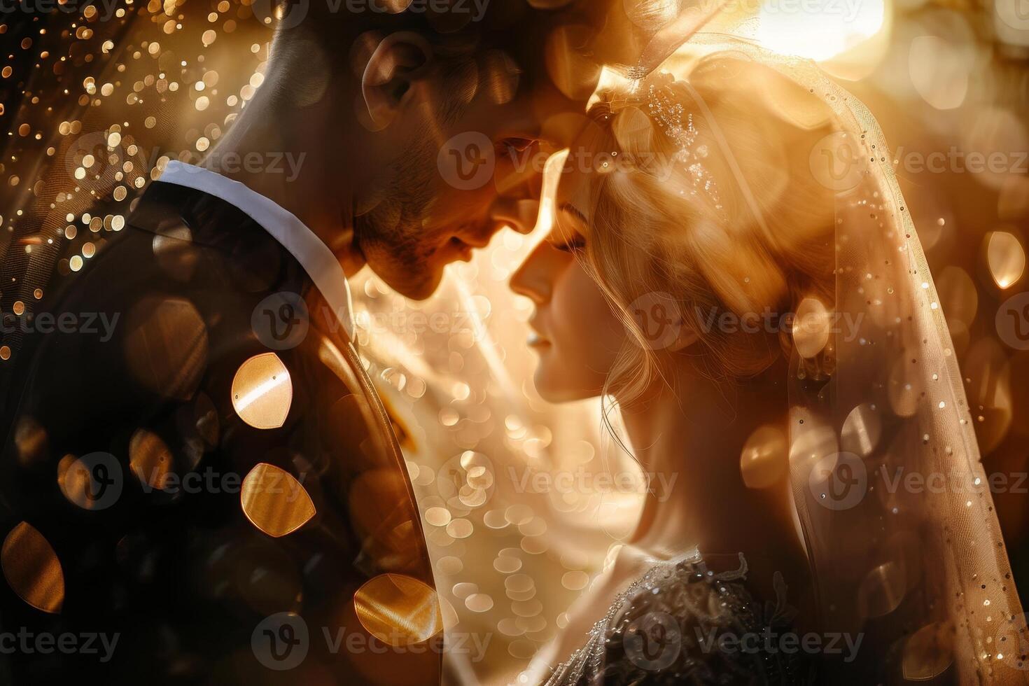 Wedding of a man and a woman. They hug and pose for a photo. Warm colors, bright reflections of light on a dark background. Mysterious atmosphere photo