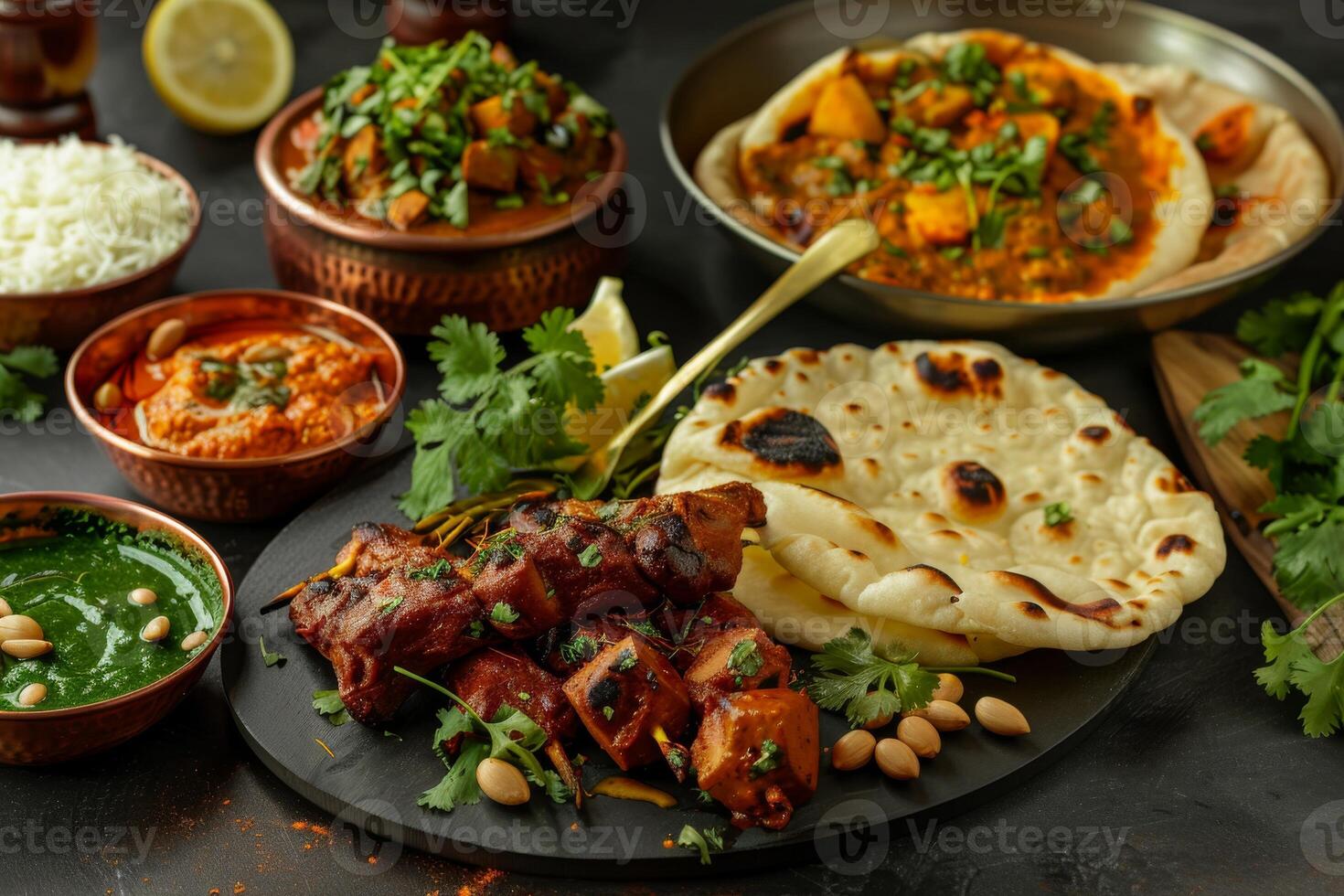 Hot spicy chicken tikka masala in bowl. Chicken curry with rice, indian naan butter bread, spices, herbs. Traditional Indian dish, popular indian curry. Indian food. photo