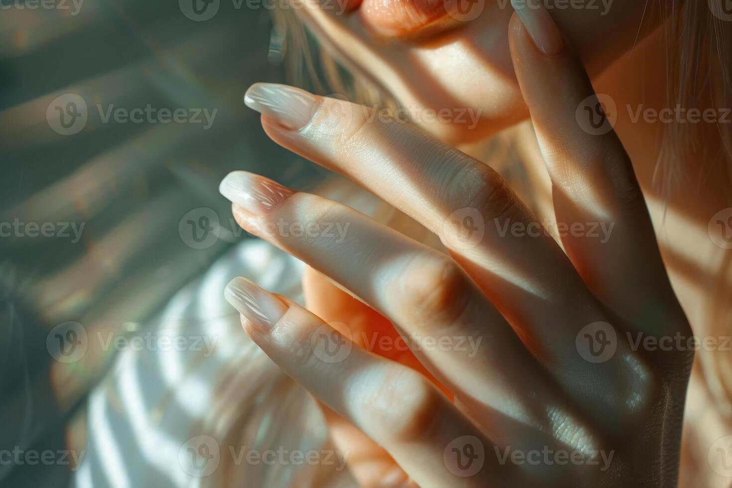 Women's manicure, close-up shot near the girl's face. Single color coat of light gel polish. Bright sunlight photo