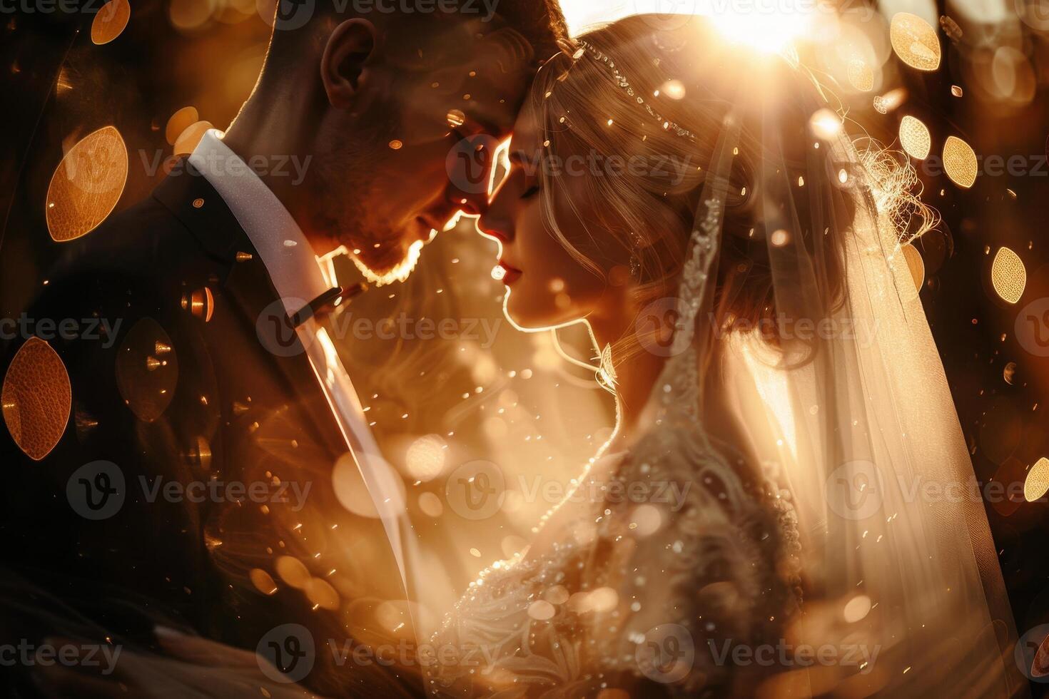 Wedding of a man and a woman. They hug and pose for a photo. Warm colors, bright reflections of light on a dark background. Mysterious atmosphere photo
