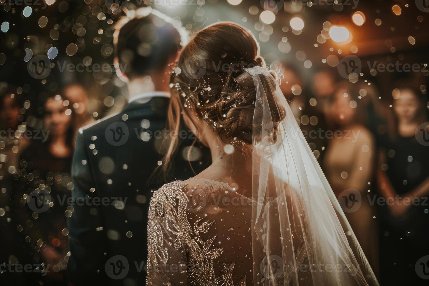 Wedding celebration. The bride girl is in the foreground among the groom and other guests. Mysterious atmosphere. Back view photo