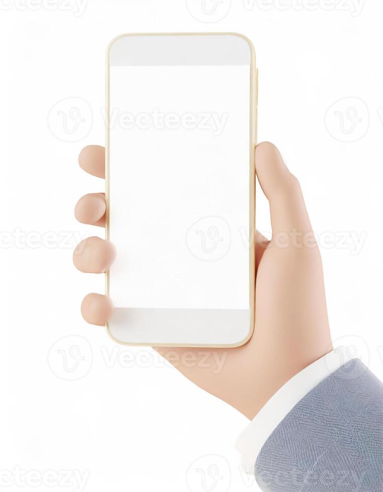 Man hand holding cell phone with white screen in 3D render style isolated on white background. photo