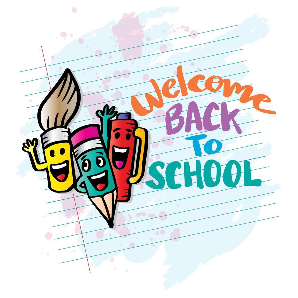 Welcome back to school hand drawn lettering on note paper background. vector