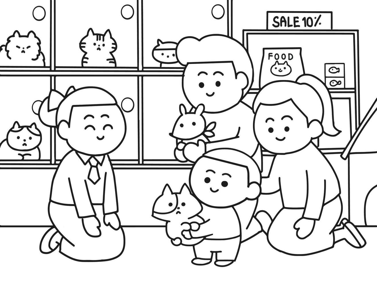 Family adopts cat cartoon style. vector