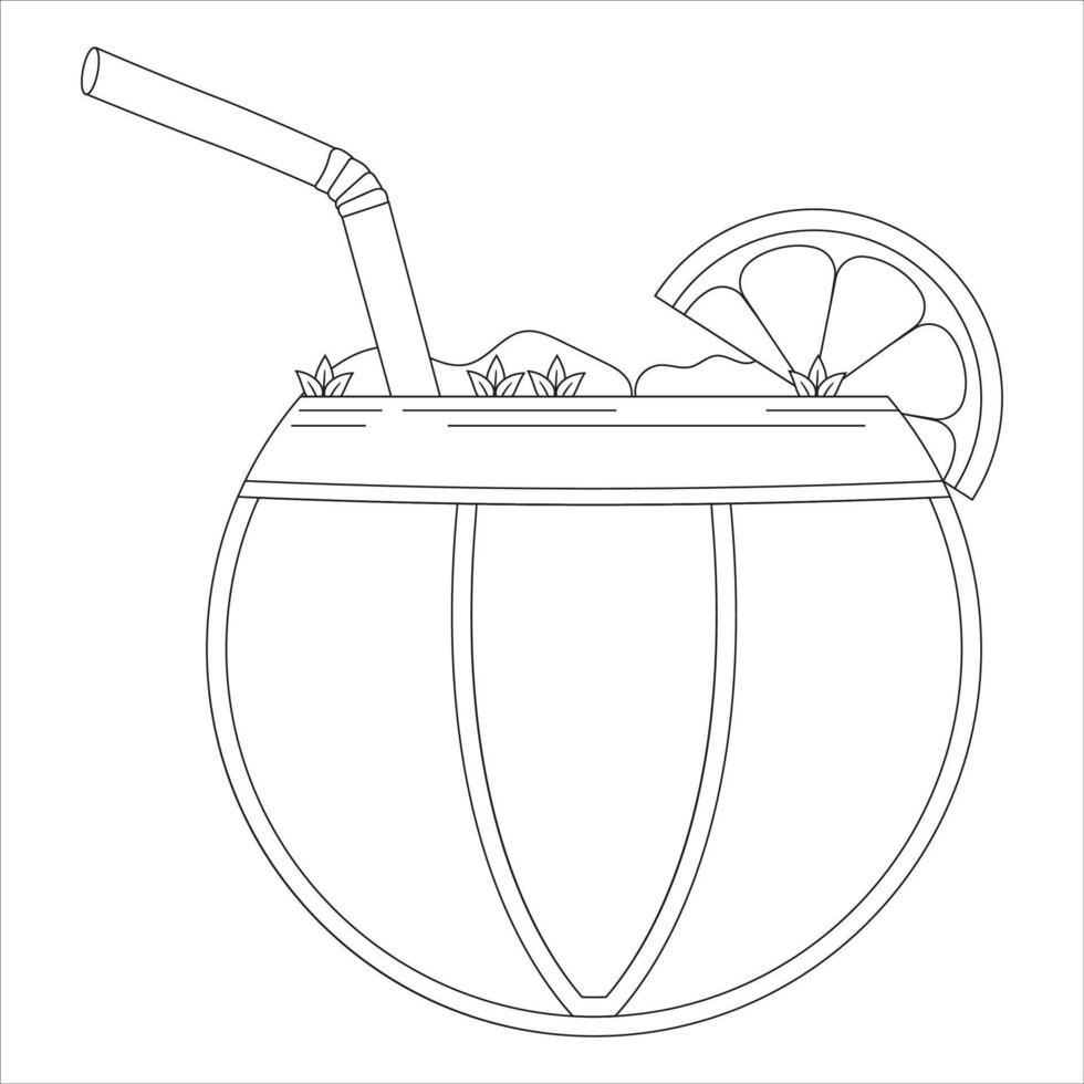 Fresh summer cocktail in coconut with mint and straw for party or vacation, black outline in white background vector