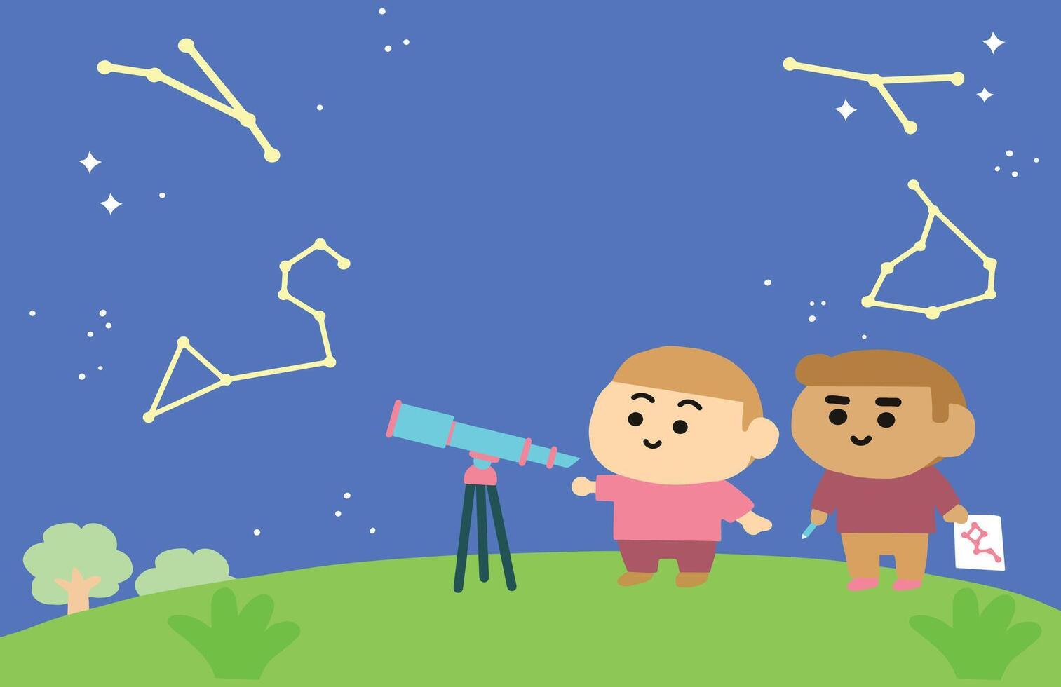 niños son utilizando un telescopio a Mira a el estrellas. vector